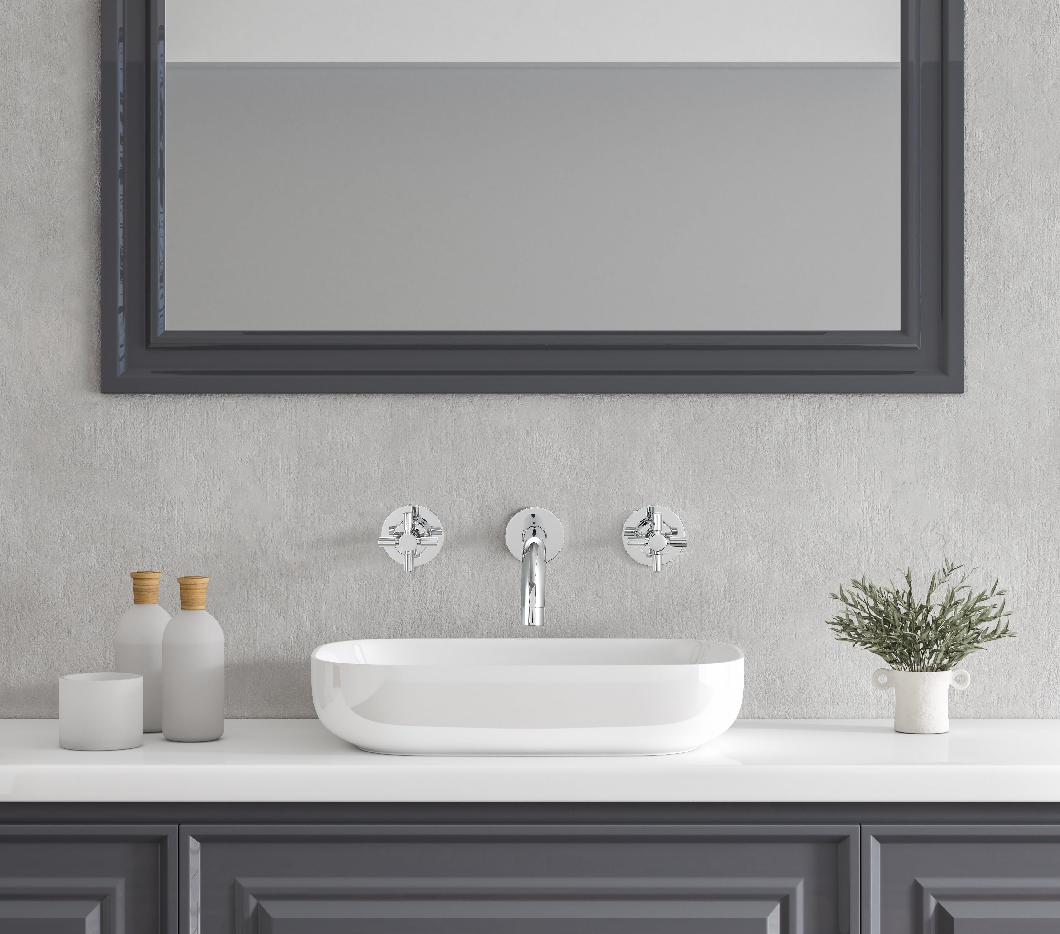 Ancona Prima Two Handle Wall Mounted Bathroom Faucet in Chrome - Modern Waterfall Spout for Vanity Sink, Powder Room & Guest Bath Installation