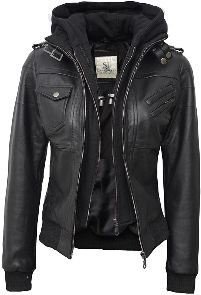 Women's Black Leather Bomber Jacket with Removable Hood - Stylish & Versatile Outerwear for Casual, Work & Night Out (Large)