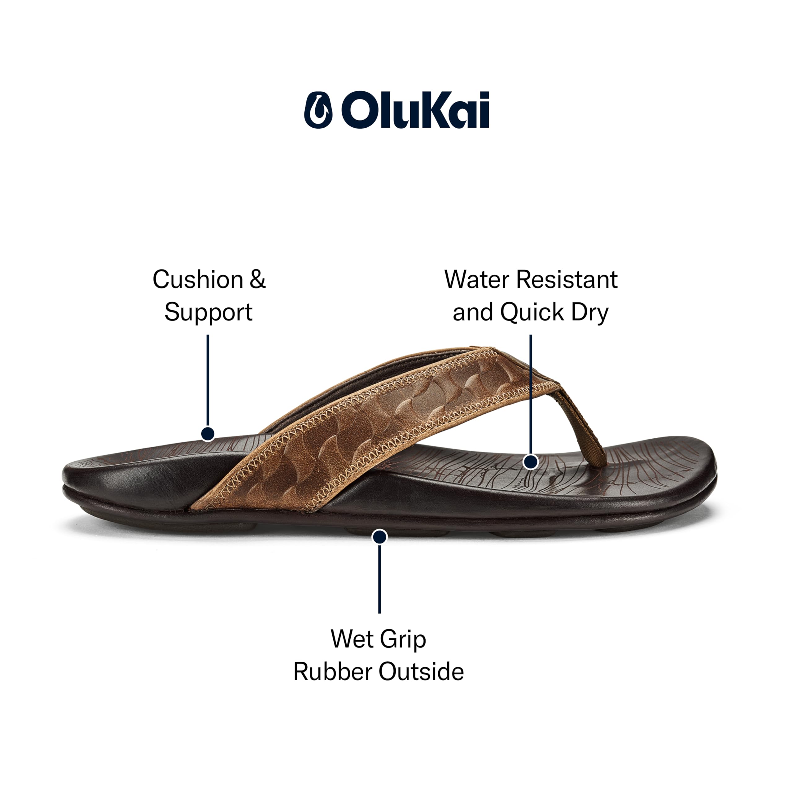 OLUKAI Hikianalia Men's Leather Sandals - Premium Full-Grain Leather, Non-Slip Rubber Sole & Comfortable Molded Footbed - Perfect for Beach, Travel & Summer Outdoor Activities