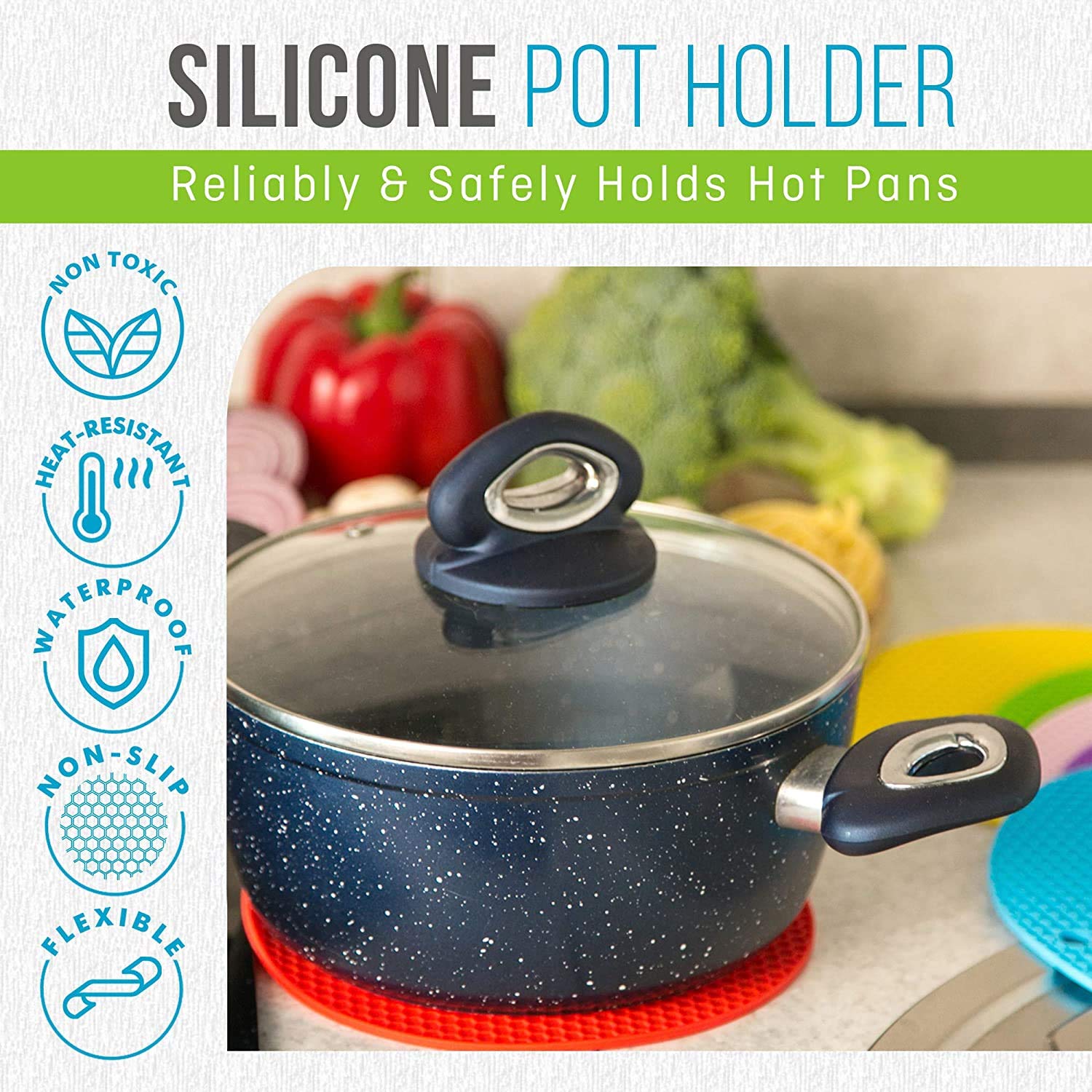 Heat Resistant Silicone Pot Holders - 4pc Non-Slip Trivet Mats for Hot Dishes & Jar Opening - Kitchen & BBQ Use