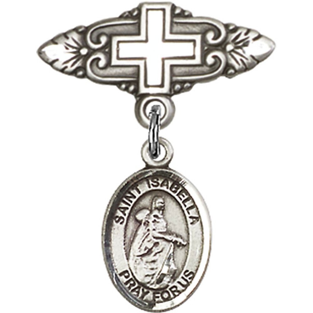 St. Isabella of Portugal Sterling Silver Baby Badge with Cross Charm - 1 X 3/4 Inch Religious Pin - Perfect for Baptism, First Communion & Christening Gifts