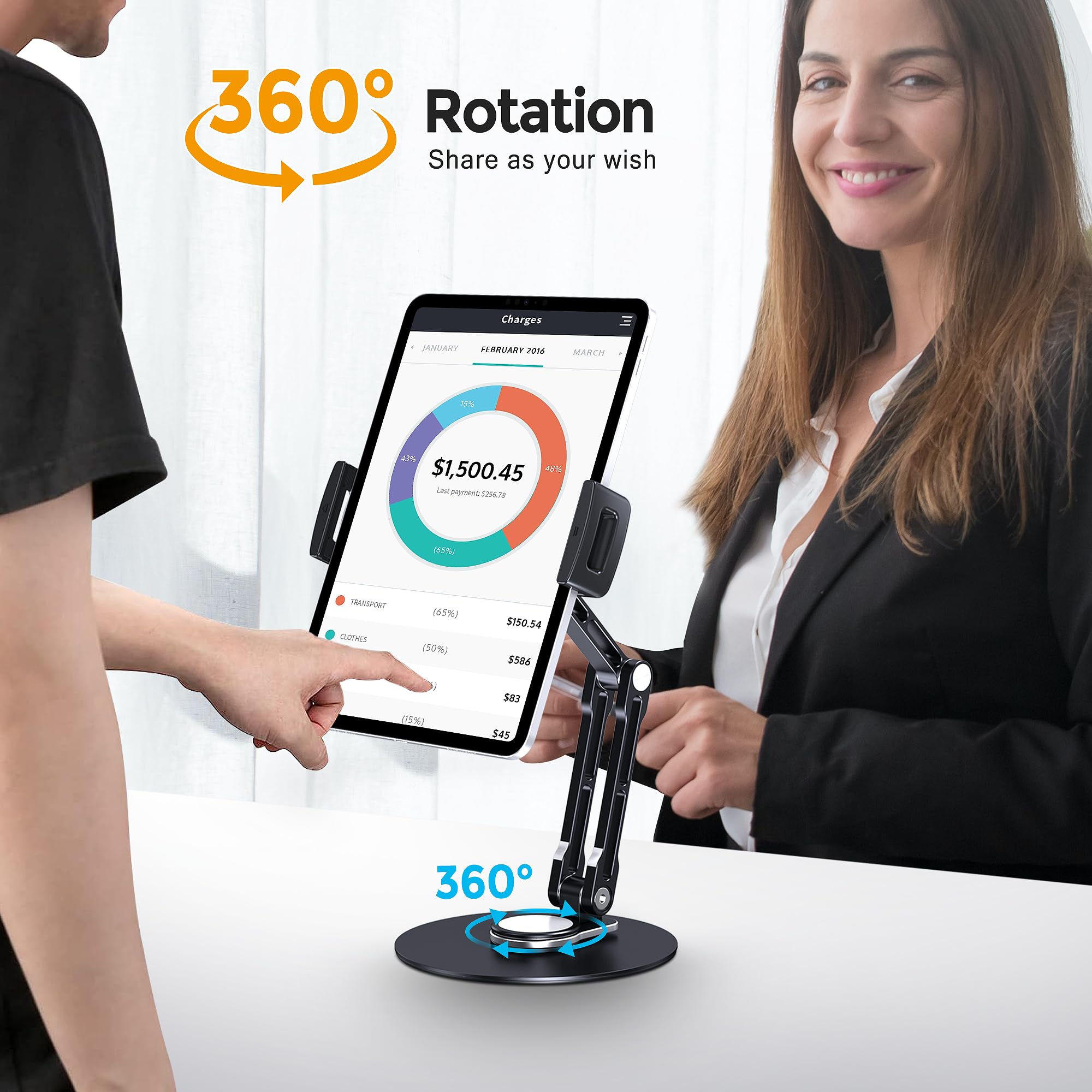 Adjustable 360° Rotating Aluminum Tablet Stand Holder for iPad - Compatible with iPad Air/Mini/Pro 11/13, 10.2/9.7 inch Models - Perfect for Desk, Office, Home & Bedroom Use (Black)