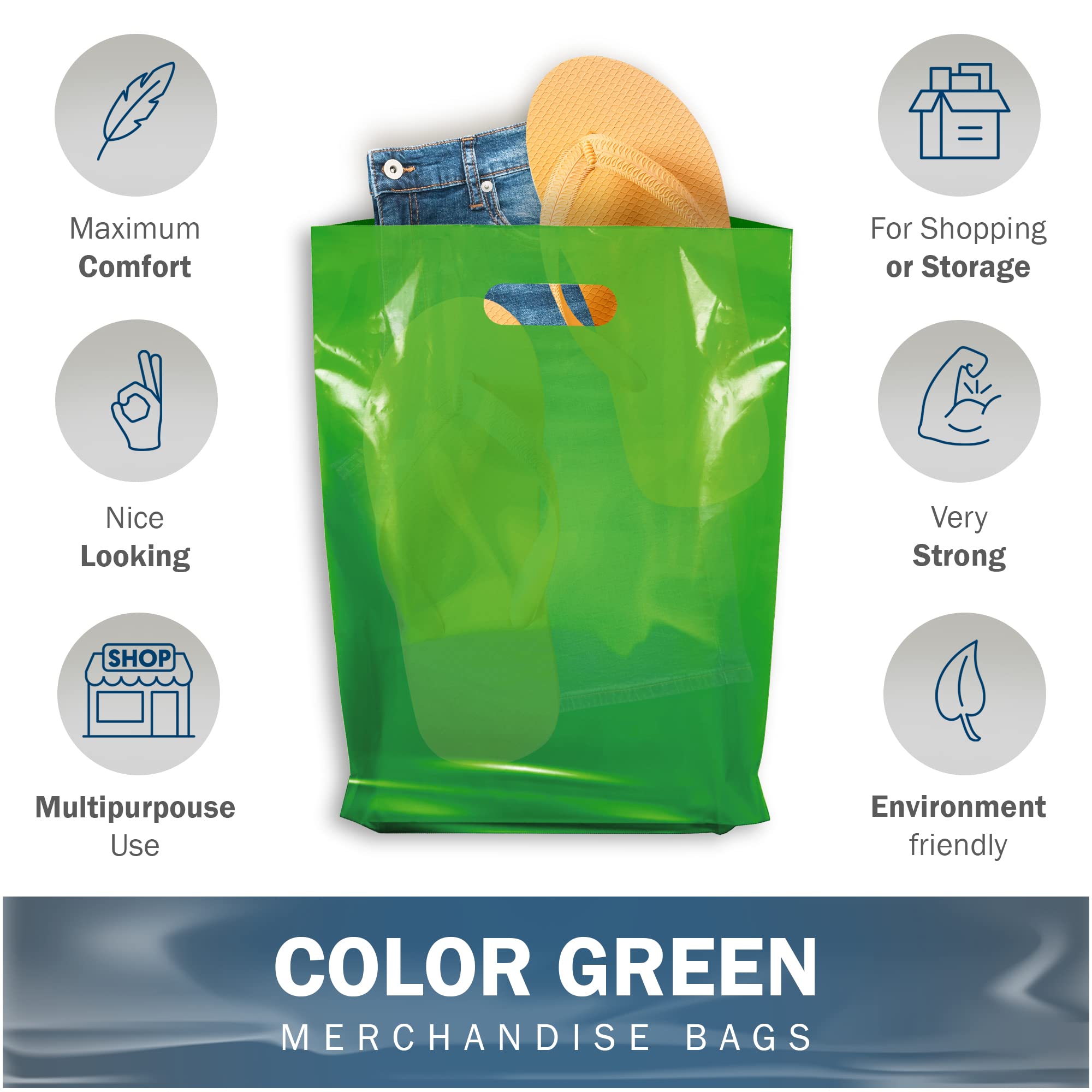 Eco-Friendly Green Plastic Shopping Bags Bulk 100-Pack - 12x15x1.25 Inch Glossy Die-Cut Handle Bags for Retail Stores & Small Businesses - Perfect for Grocery, Boutique & Gift Packaging