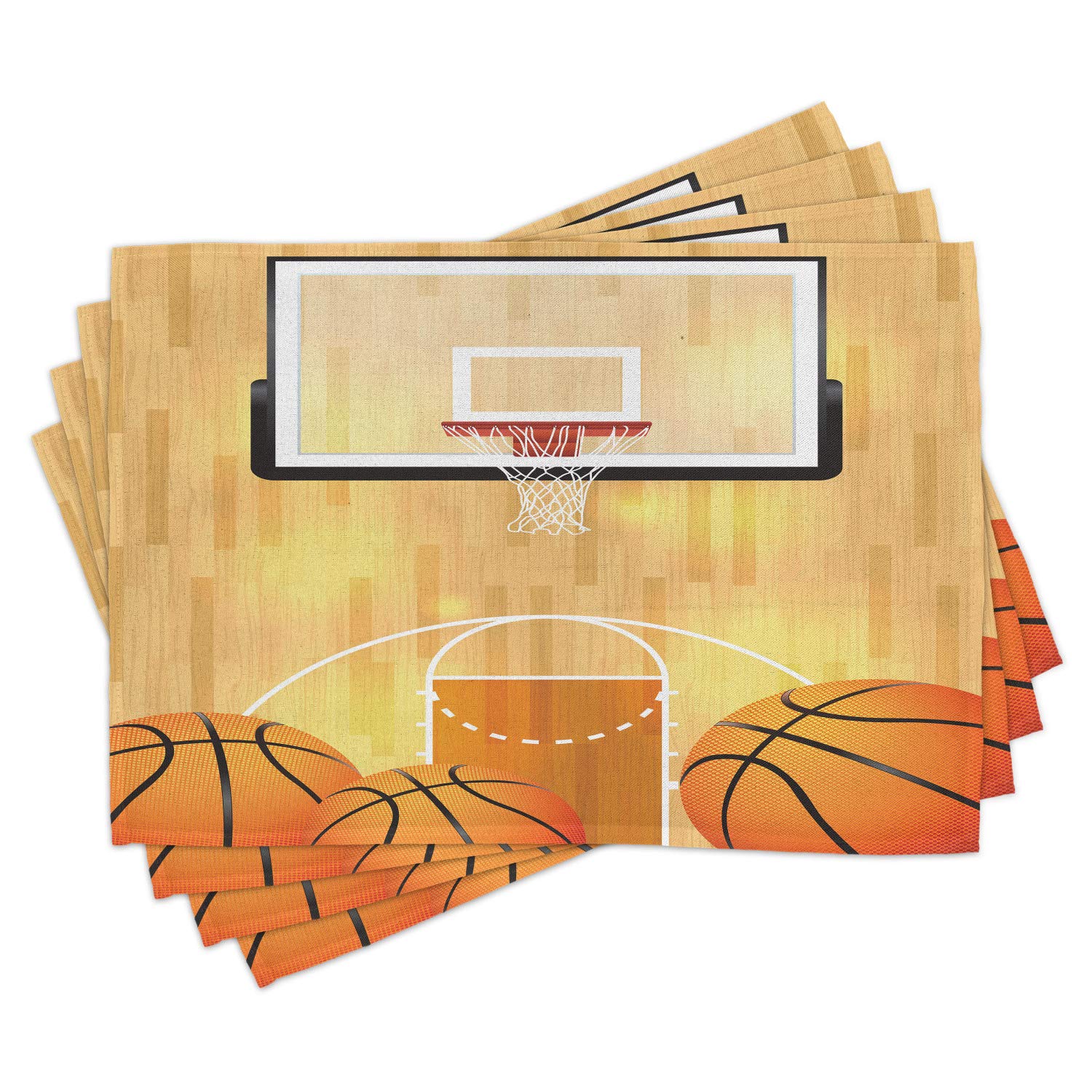 Lunarable Sports Place Mats Set of 4 - Vivid Basketball Court Design with Balls and Hoop, Washable Fabric Table Mats for Dining Room & Kitchen Decor in Orange, Black, White - Perfect for Game Day Parties, Sports Themed Events, and Basketball Fans Home Decor