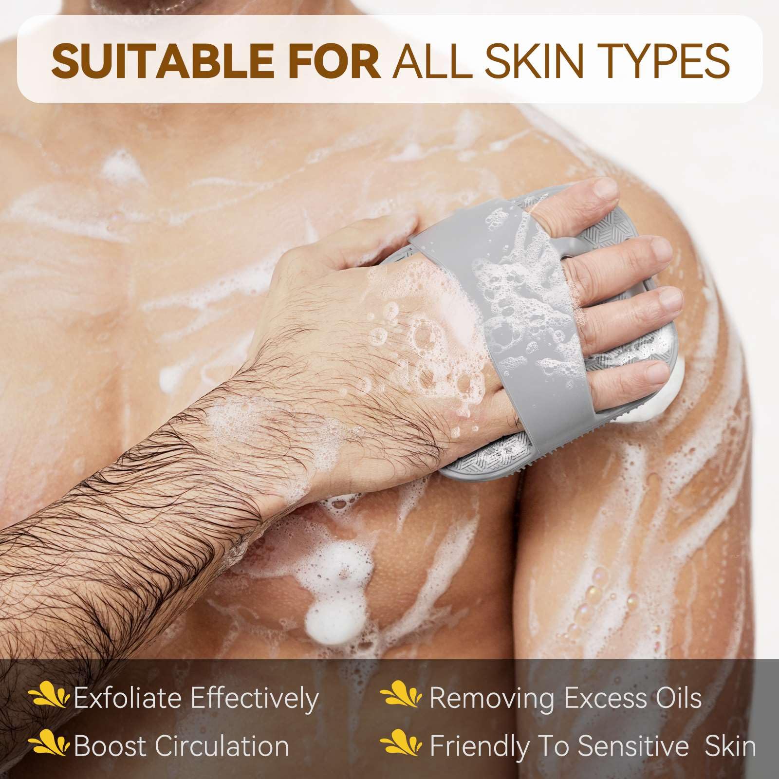 Premium Silicone Body Scrubber for Men & Women - Gentle Exfoliating Shower Brush for Sensitive Skin with Richer Foam Bristles & Anti-Slip Handle (Gray) - Perfect for Daily Shower, Spa, and Exfoliation Routine