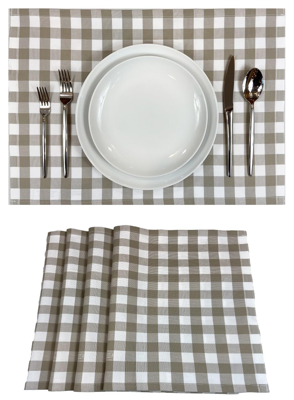 Premium Gingham Check Table Placemats Set of 4 - 100% Cotton Taupe Plaid Dining Mats 20