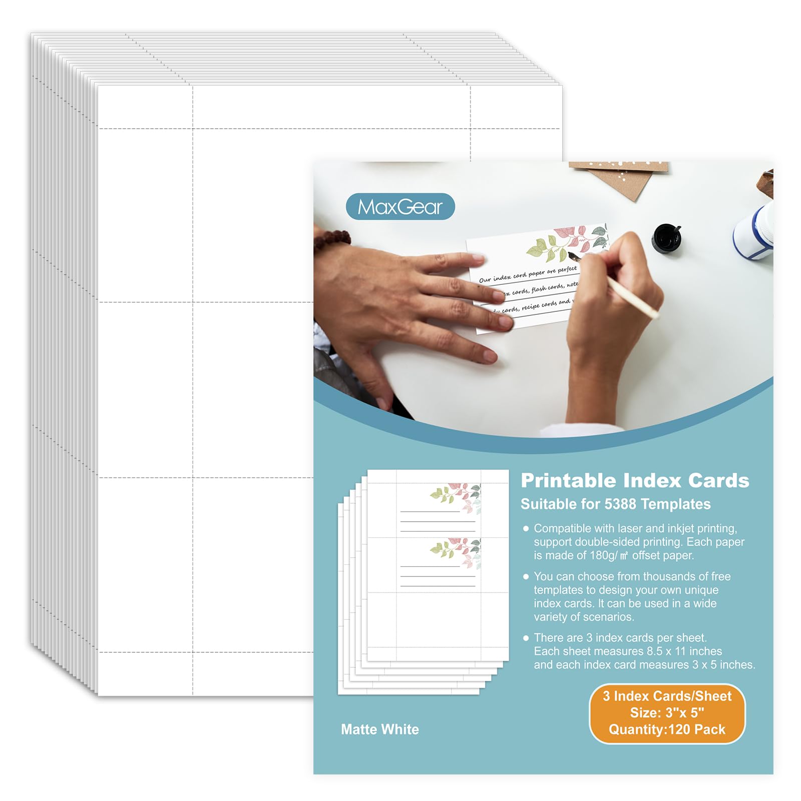 MaxGear 3x5 Inch Printable Index Cards - 120 Blank Flash Cards for Laser & Inkjet Printers | Double-Sided White Note Cards (3 Cards/Sheet, 40 Sheets) - Perfect for Study Notes, Recipe Cards & Office Organization