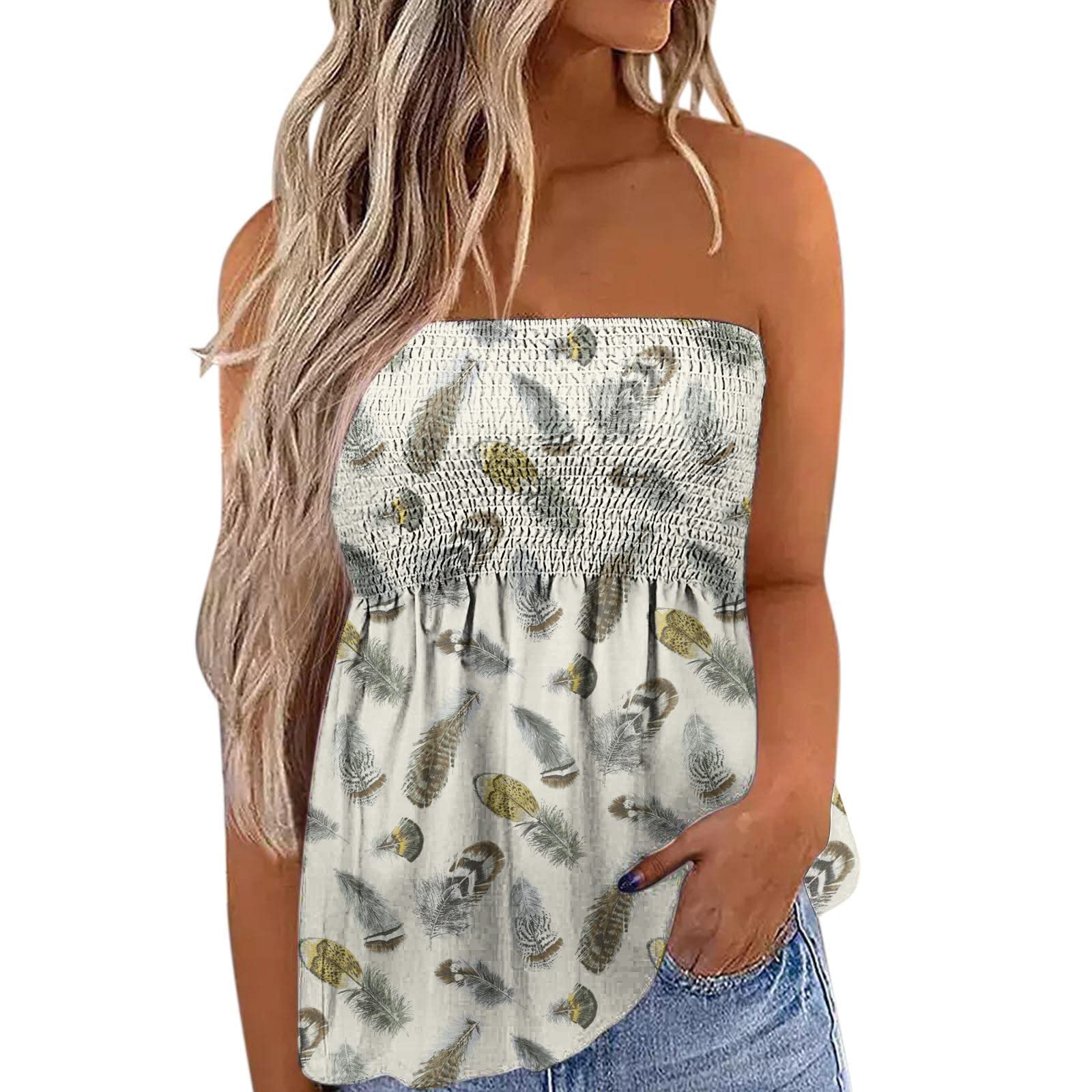 Floral Print Tube Top for Women - Strapless Bandeau Pleated Tank Top, Off Shoulder Sleeveless Summer Tunic - Perfect for Beach, Music Festivals & Casual Outings