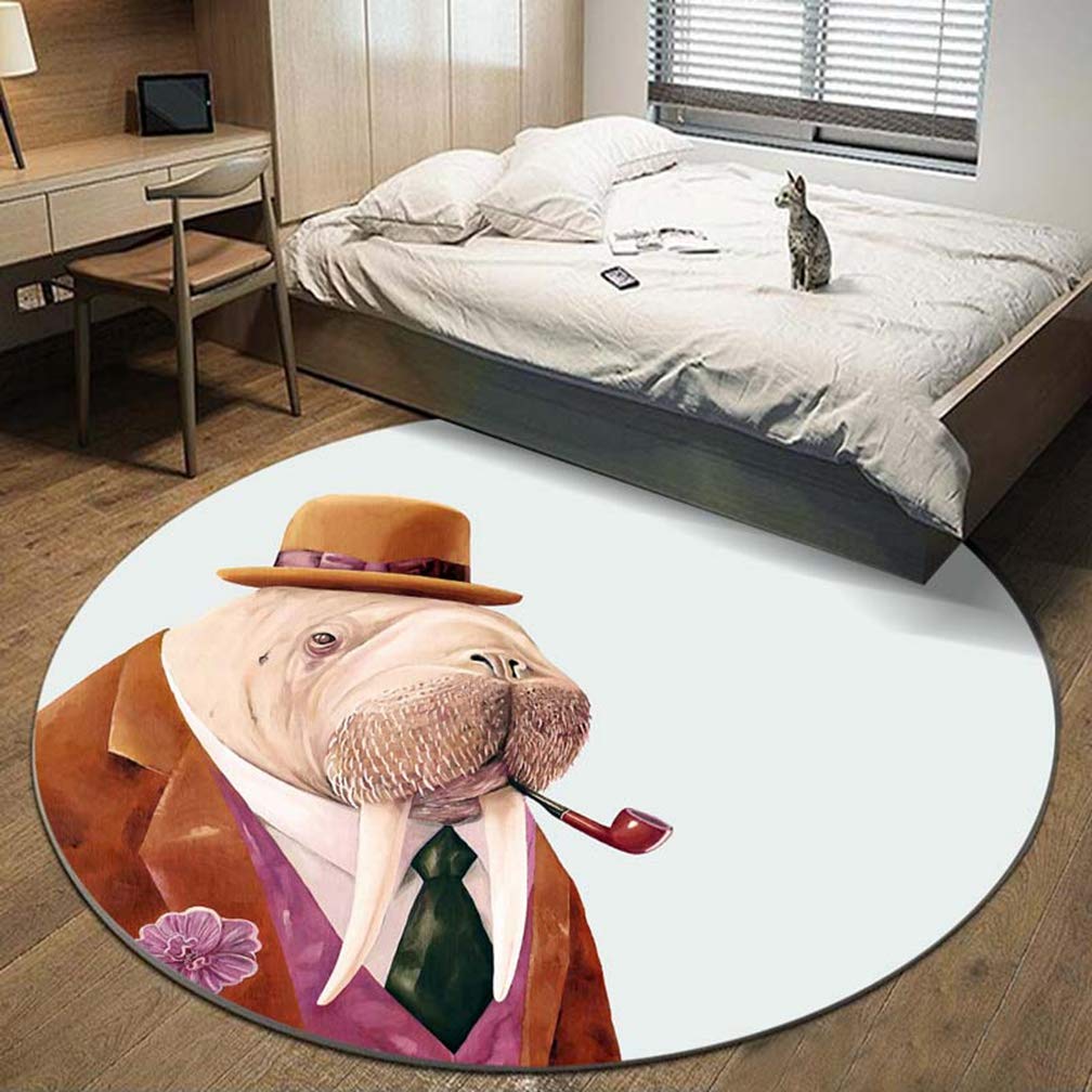 MOXIC Soft Round Area Rug for Kids - Non-Slip Cartoon Walrus Animal Play Mat, Nursery Crawl Rug for Living Room, Bedroom & Bathroom - Modern Nordic Style Home Decor, 6' X 6' Circular Carpet - Perfect for Playtime, Learning & Safe Floor Activities