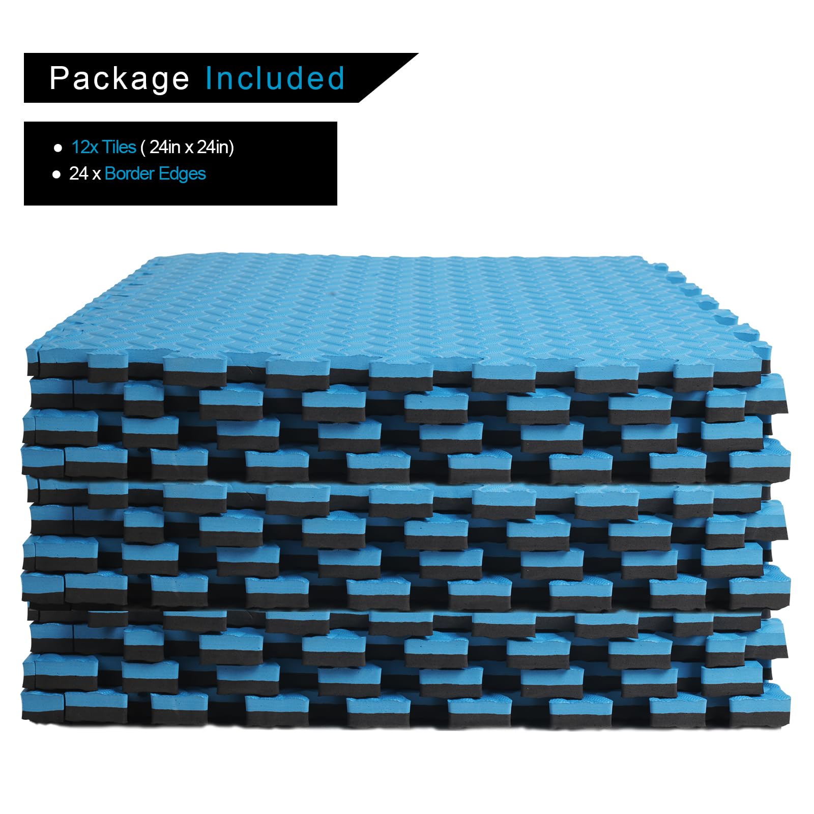 1 Inch Thick 48 Sq Ft EVA Foam Interlocking Exercise Gym Mats - 12 Pack Puzzle Floor Tiles for Home Gym, Yoga, Martial Arts & Heavy Workout Equipment - 24 x 24 Inch Black & Blue Tiles - Non-Slip, Shock Absorbing & Easy to Clean