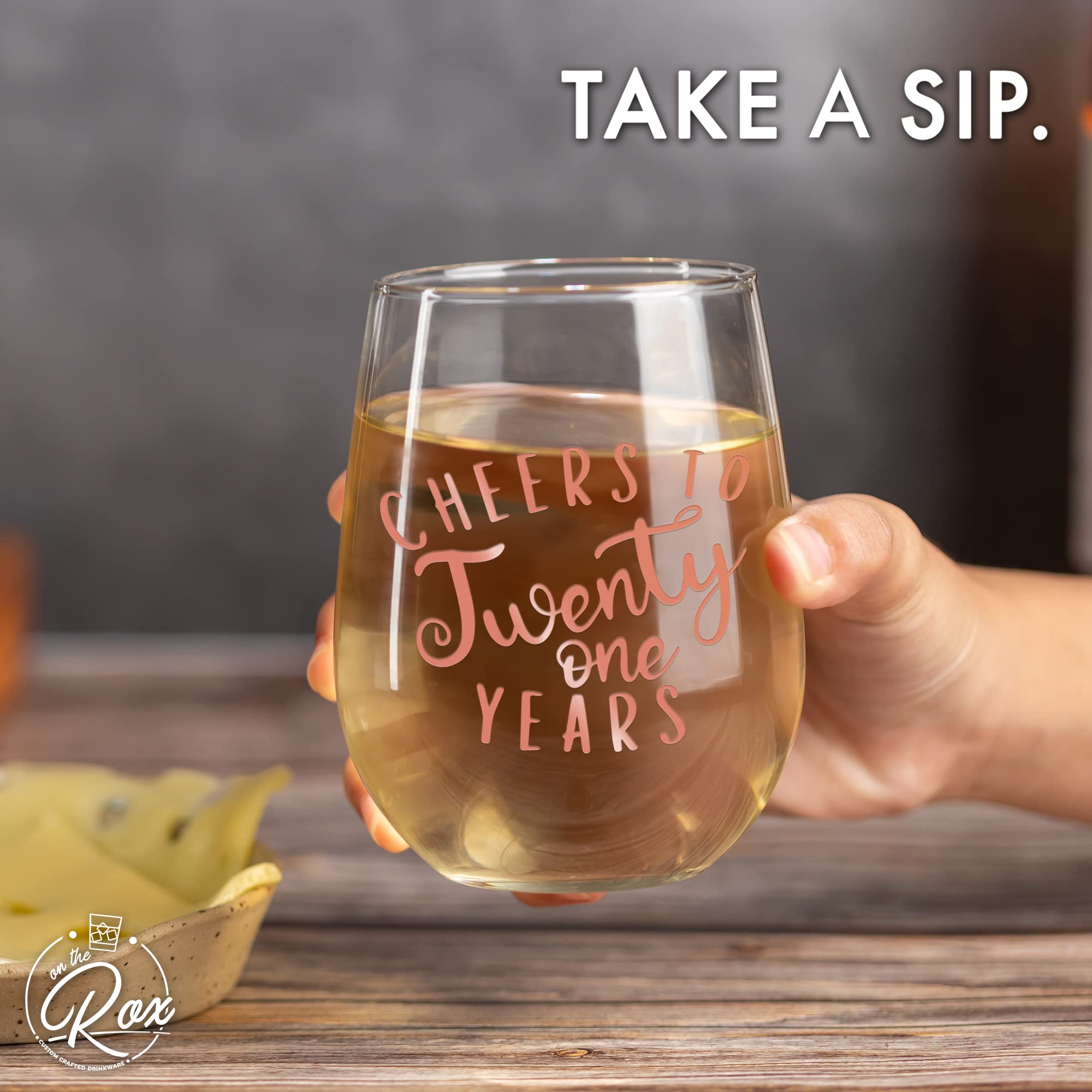 21st Birthday Stemless Wine Glass - Cheers to 21 Years Rose Gold Printed 17oz Wine Cup - Perfect Gift for Women, Friends, Sisters Turning 21 - Great for Birthday Parties, Celebrations & Girls Night Out