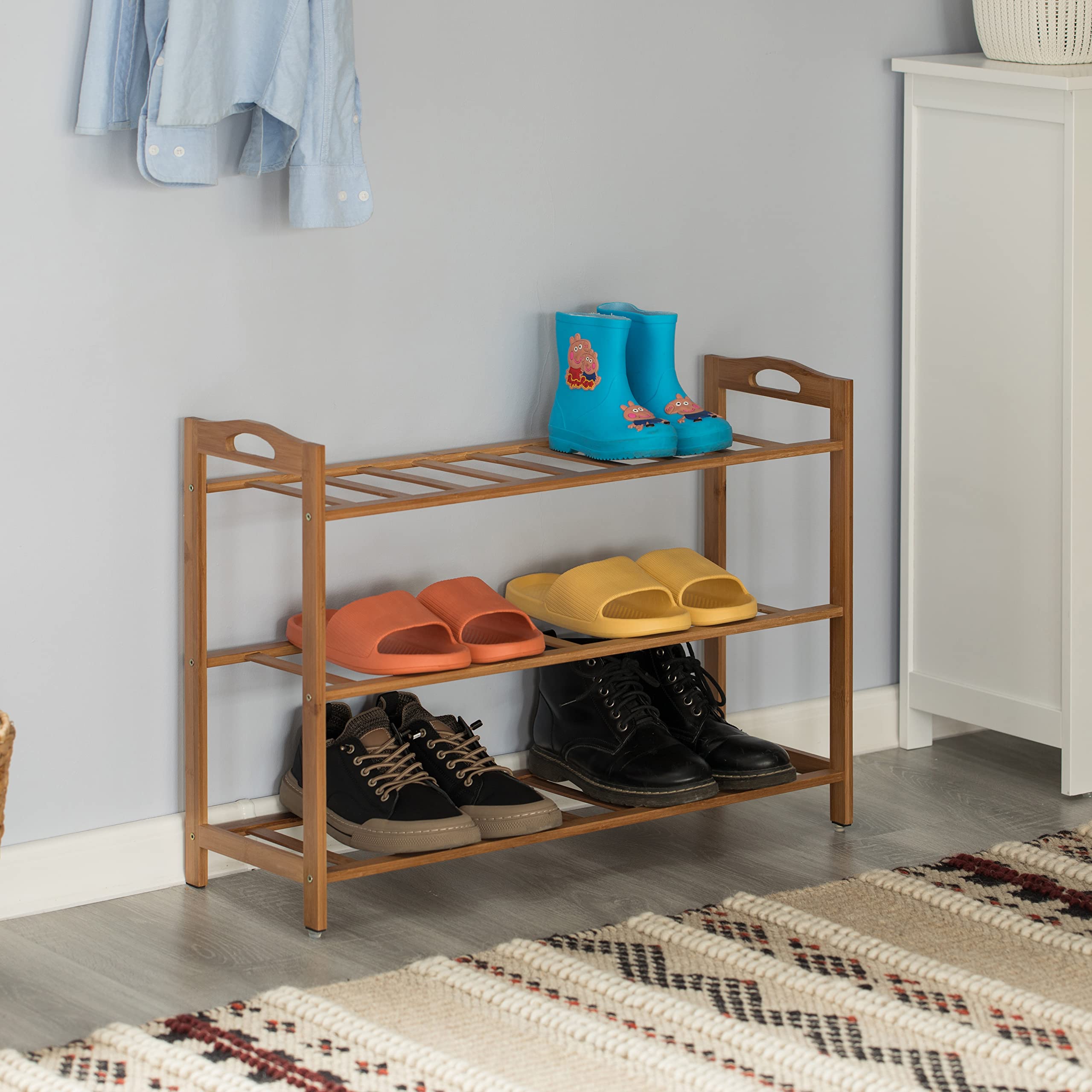 Basicwise 3-Tier Bamboo Shoe Rack Organizer - Free Standing Shoe Storage Shelf for Entryway, Closet & Bedroom - Space Saving Shoe Organizer for Men & Women