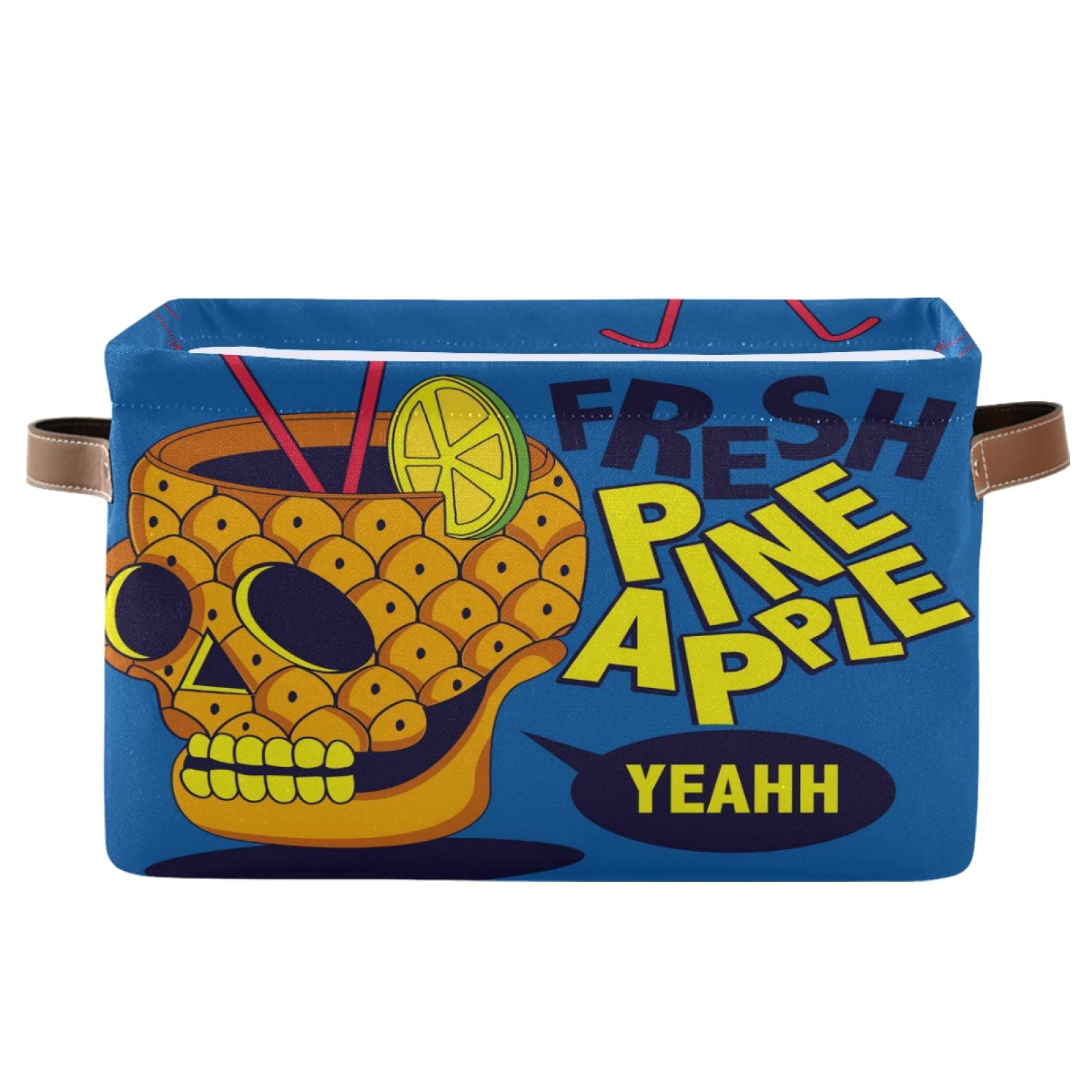 AUUXVA Skull Pineapple Storage Basket - Durable Collapsible Canvas Organizer Bin with Handles for Toys, Clothes & Home Organization | Perfect for Bedroom, Closet, Shelf & Office Storage