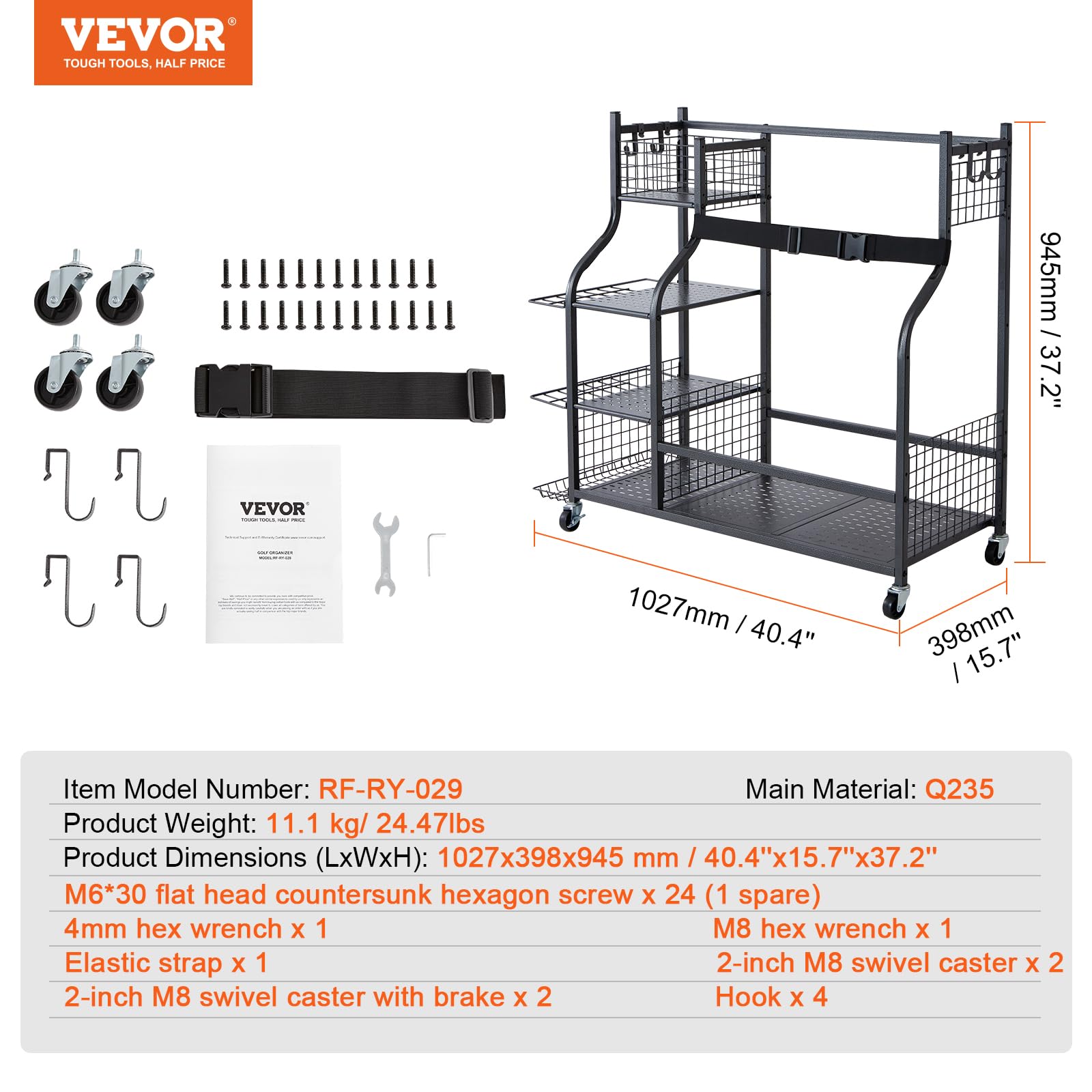 VEVOR Golf Storage Garage Organizer - 2 Golf Bag Stand Holder & Sports Equipment Rack with Wheels | Rolling Ball Cart for Outdoor Sports Gear, Toys & Accessories | Heavy-Duty Steel Construction in Black | Perfect for Garage, Basement & Backyard Organization