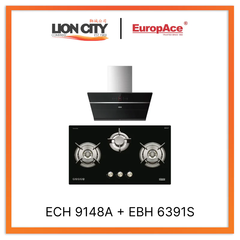 Europace ECH9148A 90cm Premium Inclined Range Hood with EBH 6391S 3-Burner 90cm Gas Cooktop (Schott Glass) - Perfect for Modern Kitchen Ventilation and Cooking