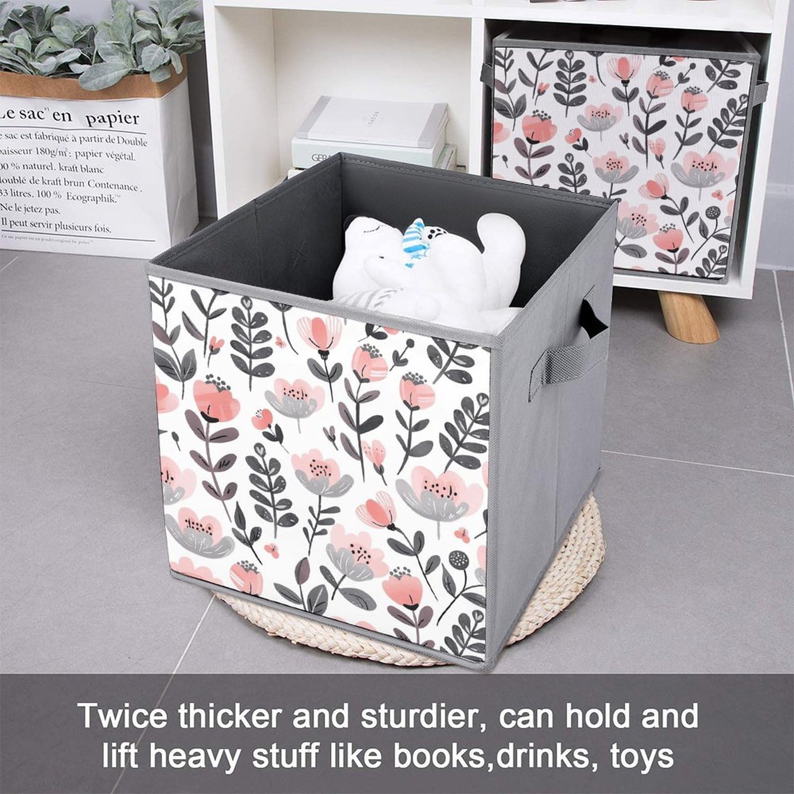 6-Pack Collapsible Storage Bins with Handles - Peach Blossom Printed Foldable Organizer Boxes for Home, Closet, Pantry & Shelf Organization - Space Saving Storage Baskets for Household, Office & Kids Room