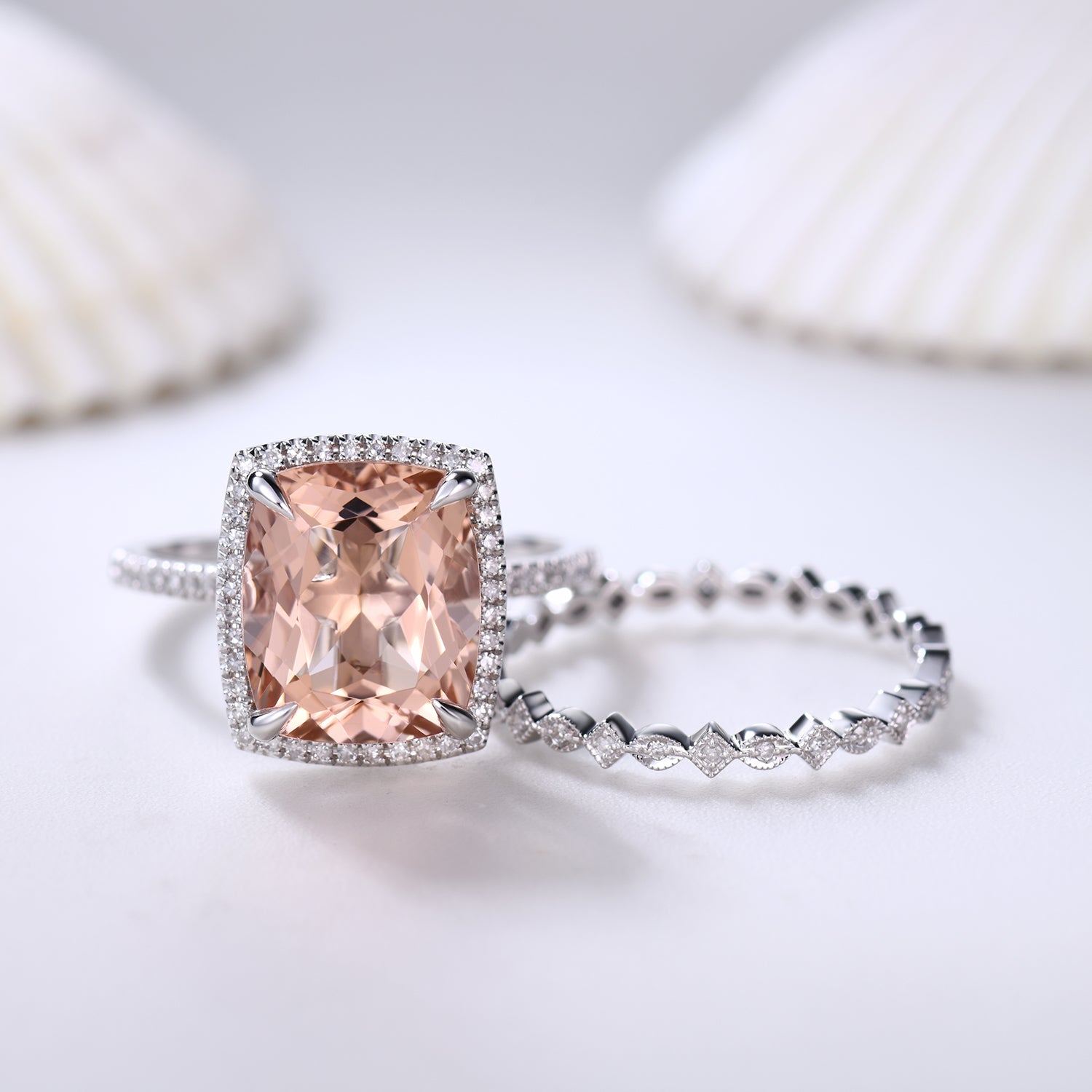 14K White Gold Cushion Cut Morganite Engagement Ring Set with Art Deco Diamond Band – Perfect for Proposals, Weddings & Anniversaries