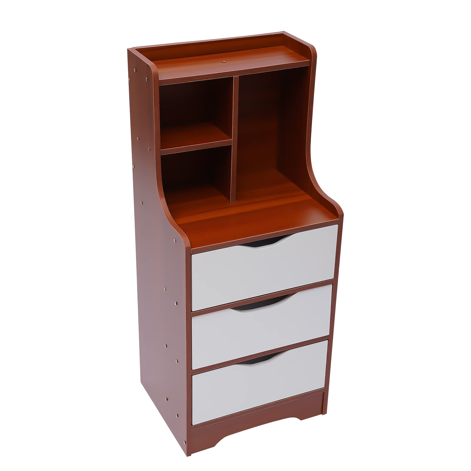 Eapmic 3-Drawer Dresser with Top Cabinet & Open Shelf - Nightstand, Bedside Table, Chest of Drawers for Bedroom, Living Room, Home Office - White & Dark Brown - Wide Storage Space for Clothes, Books & Decor
