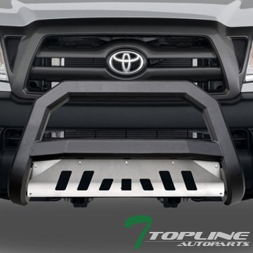 Matte Black AVT Style Bull Bar Brush Guard Front Bumper Grille Guard with Aluminum Skid Plate for 2005-2015 Toyota Tacoma - Off-Road Protection & Stylish Upgrade for Trucks