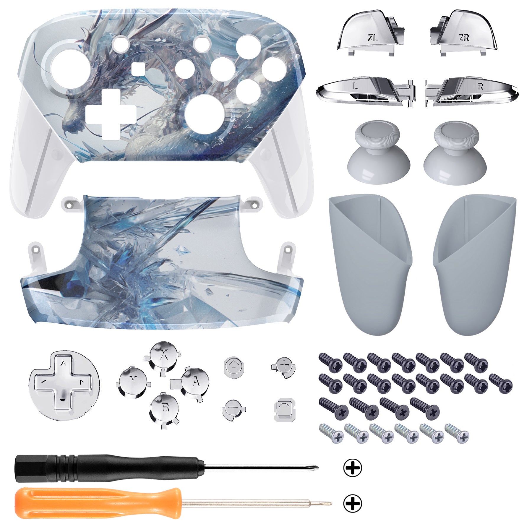 eXtremeRate Crystal Dragon Faceplate & Backplate Replacement for Nintendo Switch Pro Controller - Custom Skins & Handles (Controller Not Included) - Perfect for Gaming, Collecting & Personalization - FRT110