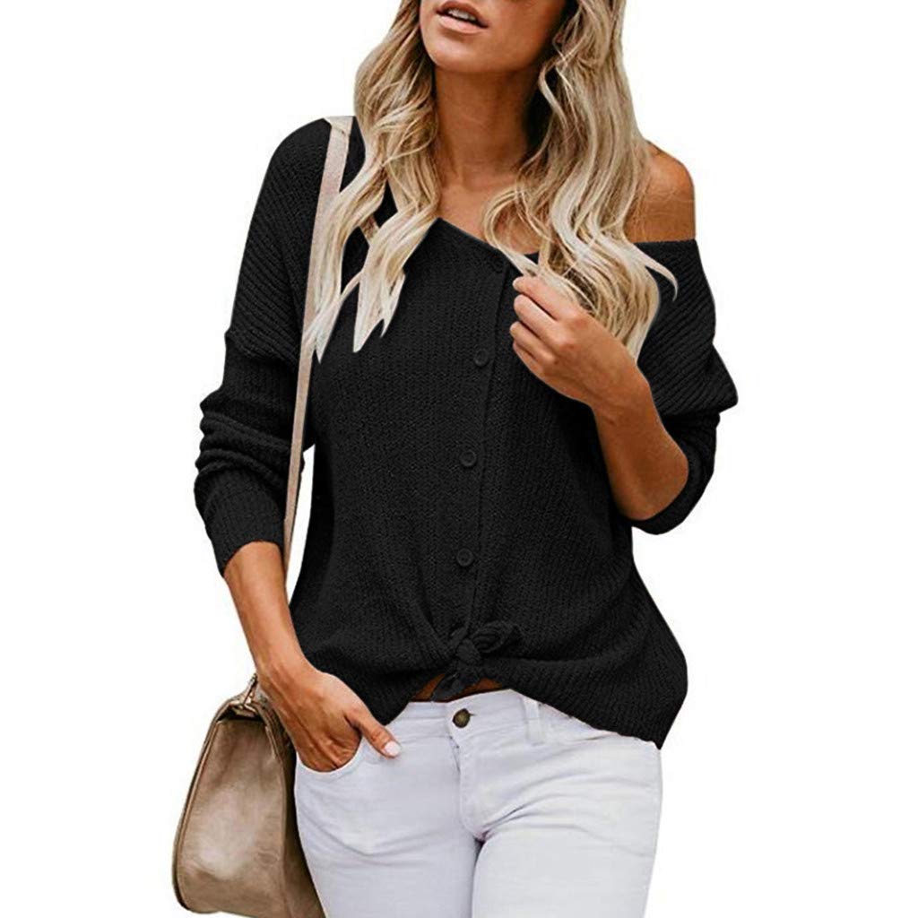 Women's Off Shoulder Long Sleeve Tunic Top - Casual Button Down Waffle Knit Pullover with Twist Knot Design | Perfect for Date Night, Office Wear & Fall Layering
