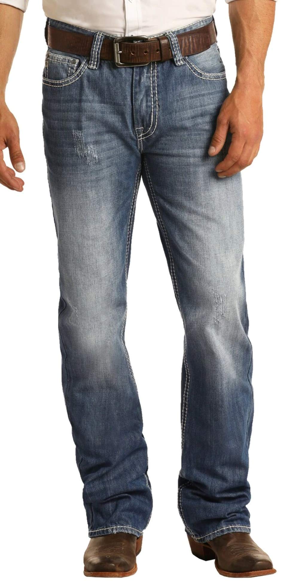 Vintage Wash Rock & Roll Denim Jeans for Men - Double Barrel Straight Leg, Relaxed Fit (Large/Medium) - Perfect for Casual Wear, Concerts & Retro Style Outfits
