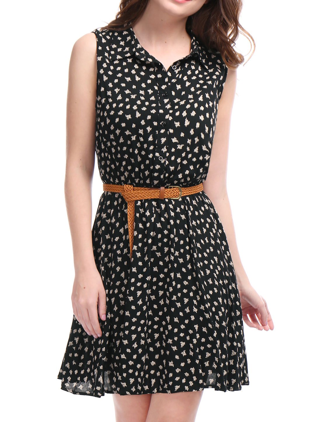 Allegra K Women's Floral Summer Dress - Sleeveless A-Line Midi Dress with Half Placket & Belt, Knee-Length Casual Sundress for Beach, Party & Vacation Wear