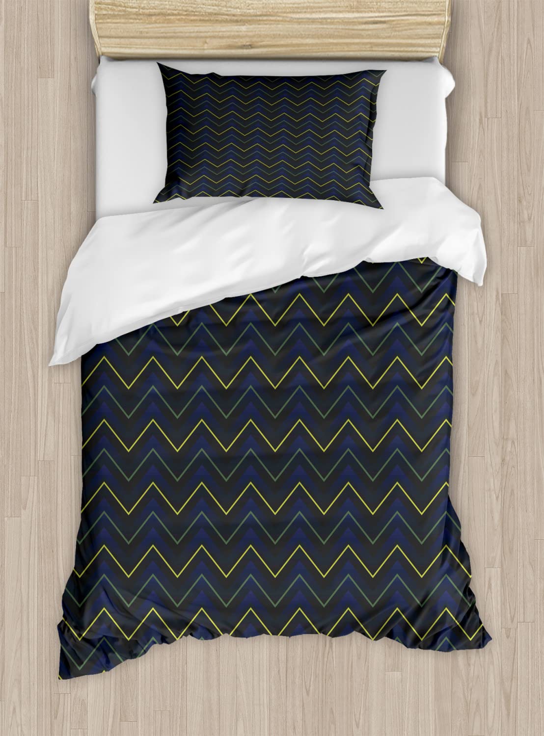 Ambesonne Dark Blue Duvet Cover Set - Modern Geometric Pattern with Neon Chevron Zigzag Lines, 2-Pack Queen Size Bedding Set Includes 2 Duvet Covers & 4 Pillowcases (Dark Blue/Yellow/Green) - Perfect for Contemporary Bedroom Decor & Guest Room Styling
