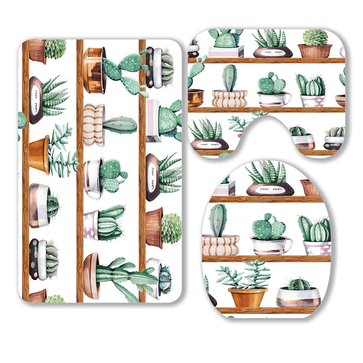ECZJNT 3-Piece Cactus Bathroom Rug Set - Non-Slip Contour Mat & Toilet Lid Cover with Ceramic Pot Design | Soft Absorbent Microfiber for Bath, Shower & Powder Room Decor
