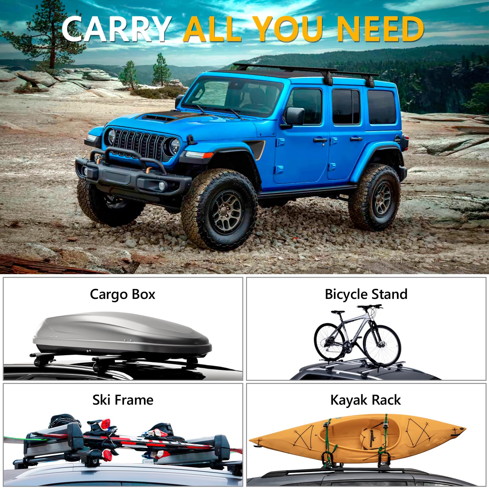 200 lbs Heavy Duty Aluminum Roof Rack Cross Bars for Jeep Wrangler JK JL & Gladiator JT (2007-2024) - Anti-Theft Locking System - Compatible with 2 & 4 Door Models - Perfect for Kayak, Bike, Ski & Luggage Racks - Ideal for Outdoor Adventures, Camping & Road Trips
