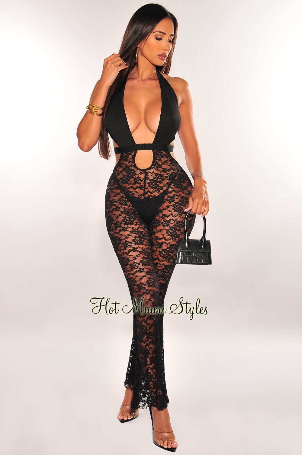 Sexy Black Lace Halter Cut Out Strappy Flared Jumpsuit for Women - Elegant Evening Wear & Party Outfit for Date Night, Club, and Special Occasions