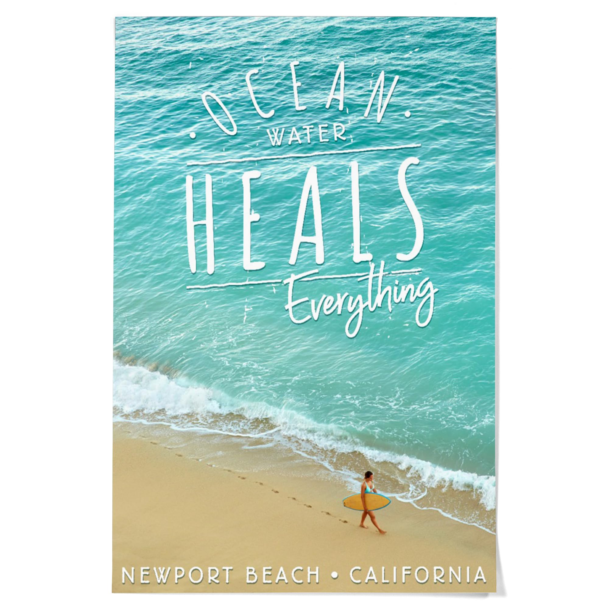 Lantern Press 36x54 Inch Giclee Art Print - Newport Beach California Coastal Wall Decor with Surfer Walking on Beach - Ocean Water Heals Everything - Perfect for Living Room, Bedroom or Office Wall Art