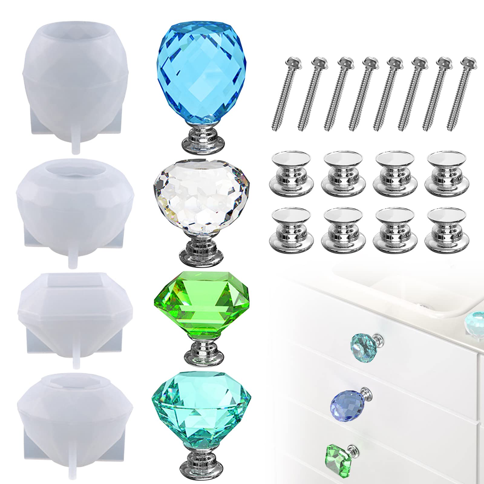 4Pcs Resin Cabinet Knob Molds - Crystal Drawer Pull Silicone Molds Set for DIY Epoxy Resin Crafts - Perfect for Kitchen, Bathroom, Dresser & Cupboard Hardware - Home Decor & DIY Project Accessories