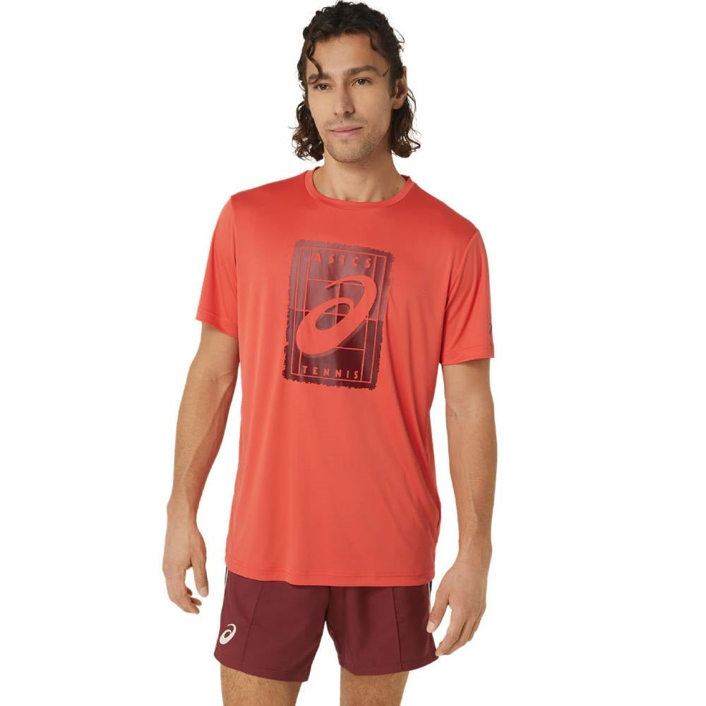 ASICS Men's Court GS Graphic Tee Top - Breathable Cotton Short Sleeve Tennis Shirt for Men (Red) - Perfect for Casual Wear, Gym Workouts & Tennis Matches