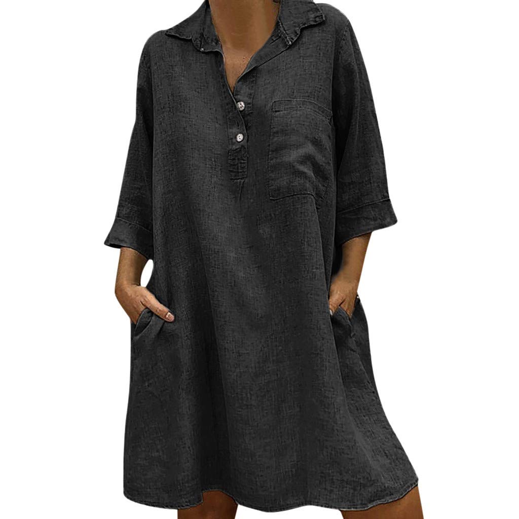Women's Casual Summer Dress with Button Collar & 3/4 Sleeves - Boho Style Solid Color Pocket Dress for Beach, Vacation & Everyday Wear