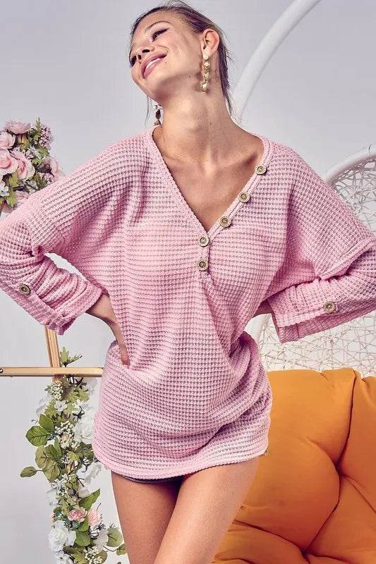 Bibi Popcorn Waffle Top with Buttoned Placket in Blush Pink - Women's Casual Blouse for Work, Date Night & Everyday Wear