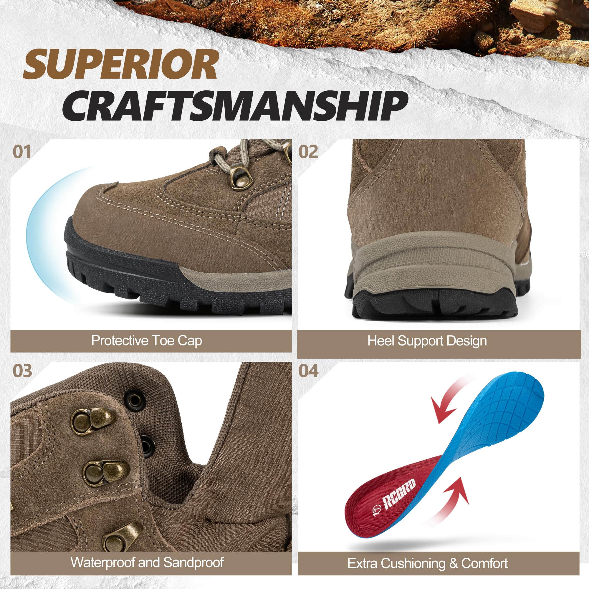 **R CORD Women's Waterproof Hiking Boots with Ankle Support – Breathable, Non-Slip & Durable Backpacking Boots for Outdoor Adventures, Trail Walking & Camping**
