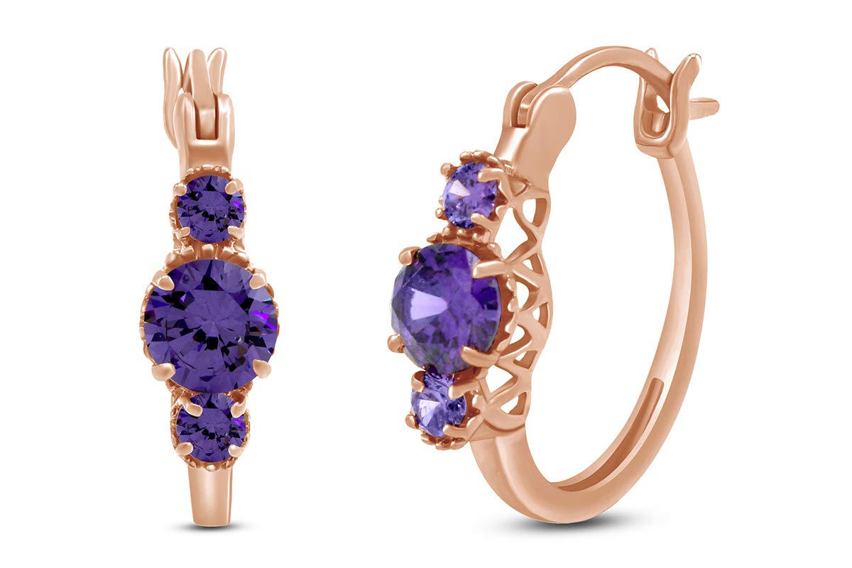 14K Gold Over Sterling Silver Round Cut Simulated Amethyst 3-Stone Twisted Hoop Earrings for Women - Elegant Jewelry Gift for Birthday, Anniversary & Special Occasions