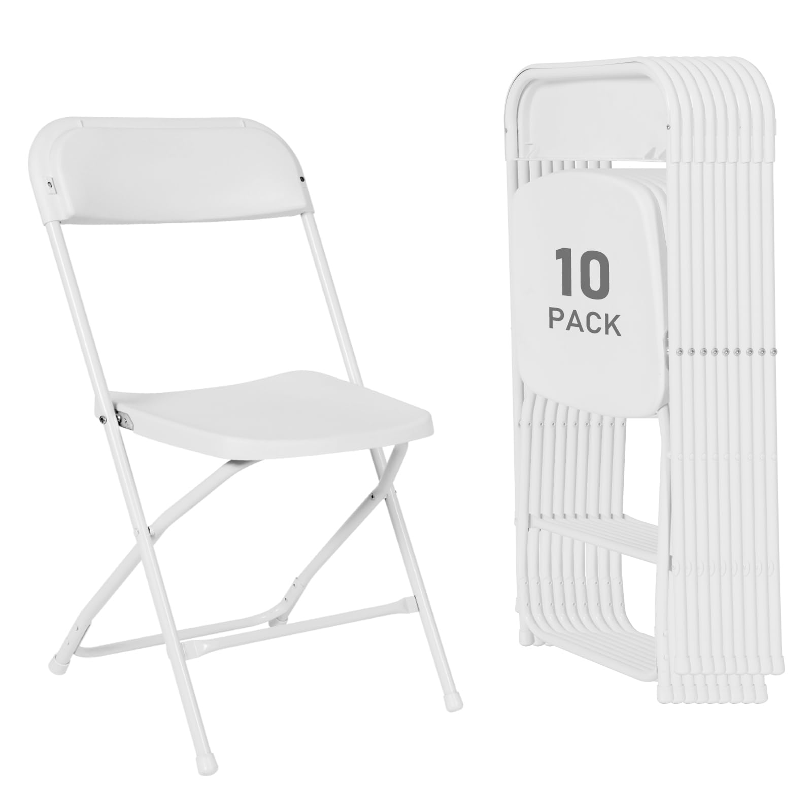 10 Pack White Plastic Folding Chairs - Heavy Duty Stackable Commercial Chairs with Steel Frame (350lbs Capacity) for Indoor Outdoor Use - Perfect for Home, Office, Wedding, Party, and Events