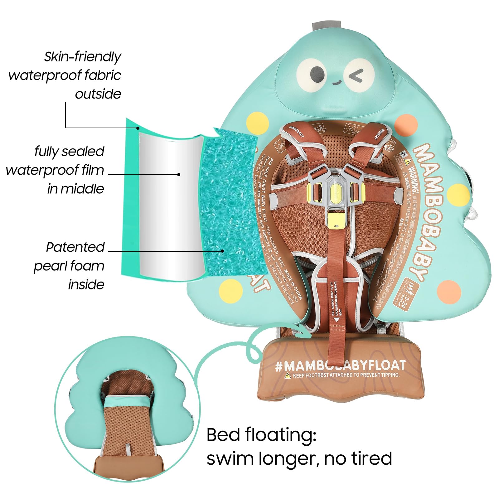 **Mambobaby Non-Inflatable Baby Swim Float with UPF 50+ Sun Canopy – Skin-Friendly Infant Pool Float for Safe Swimming – Ideal for Pools, Beaches & Water Play**