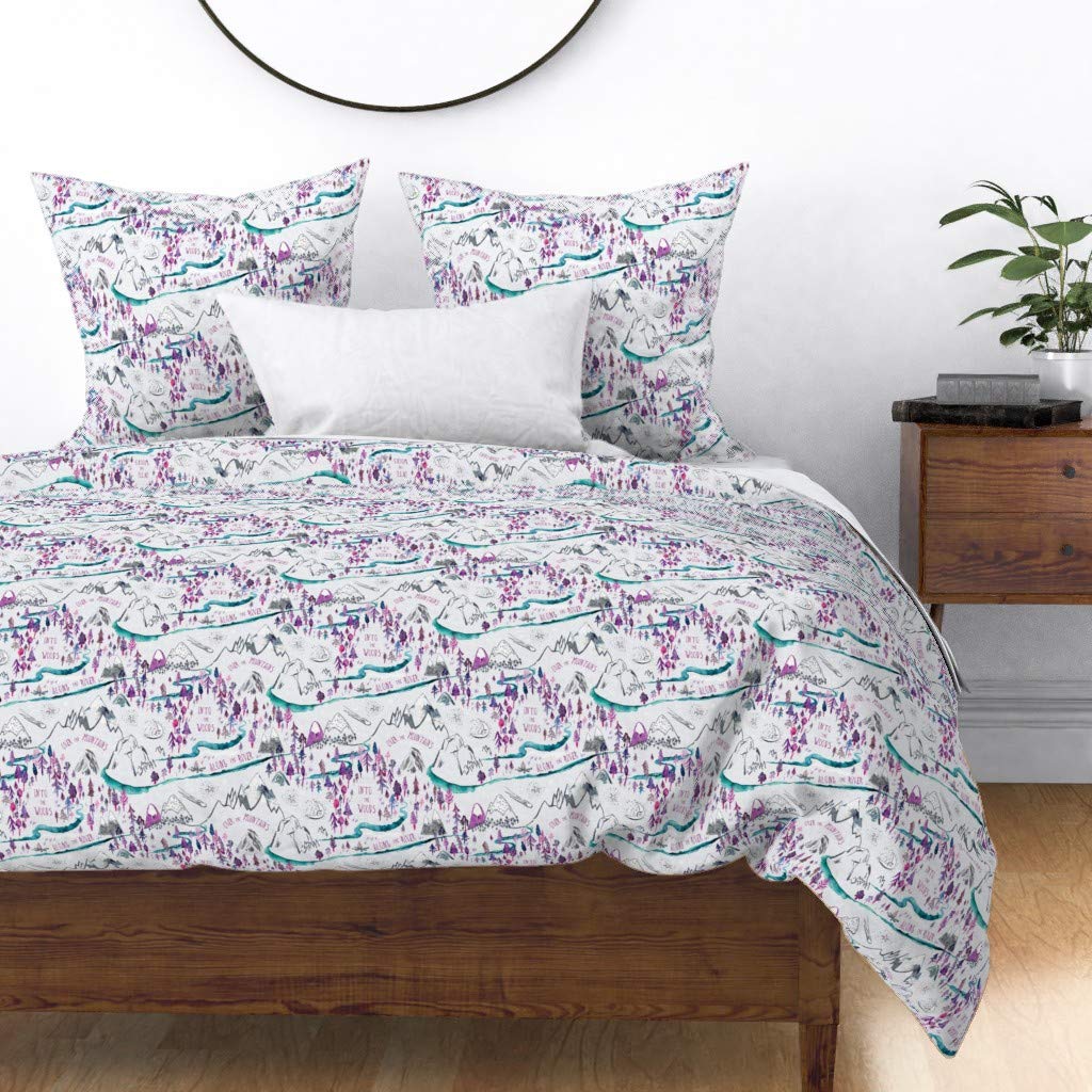 Custom Violet Cotton Sateen Duvet Cover Twin Size - Pink Purple Blue Floral Print Bedding for Nursery, Kids Room & Adventure Themed Decor | Soft Luxury Bed Cover for Girls' Bedroom & Guest Room