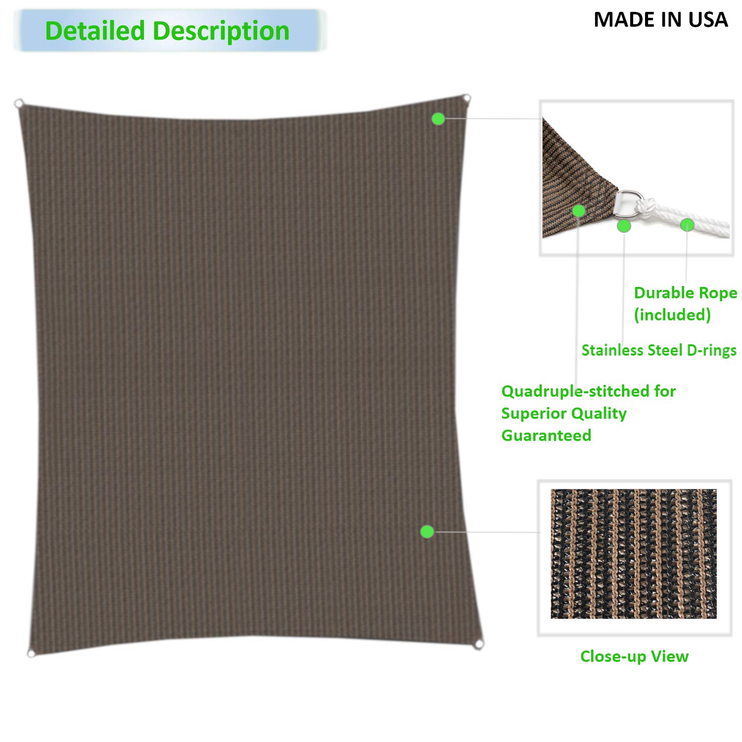 Eden's Decor 7' X 11' Brown UV-Blocking Sun Shade Sail - Outdoor Patio Cover & Pool Shade for Backyard, Garden, and Deck Protection