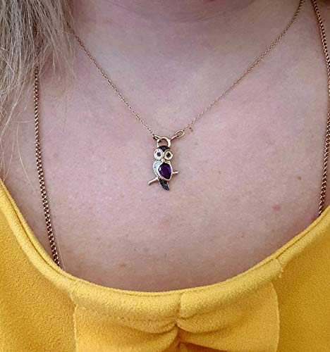 925 Sterling Silver Rose Gold Plated Owl Pendant Necklace with 0.79ct Black Diamond & Amethyst - Elegant Jewelry Gift for Women, Perfect for Birthday, Anniversary & Special Occasions