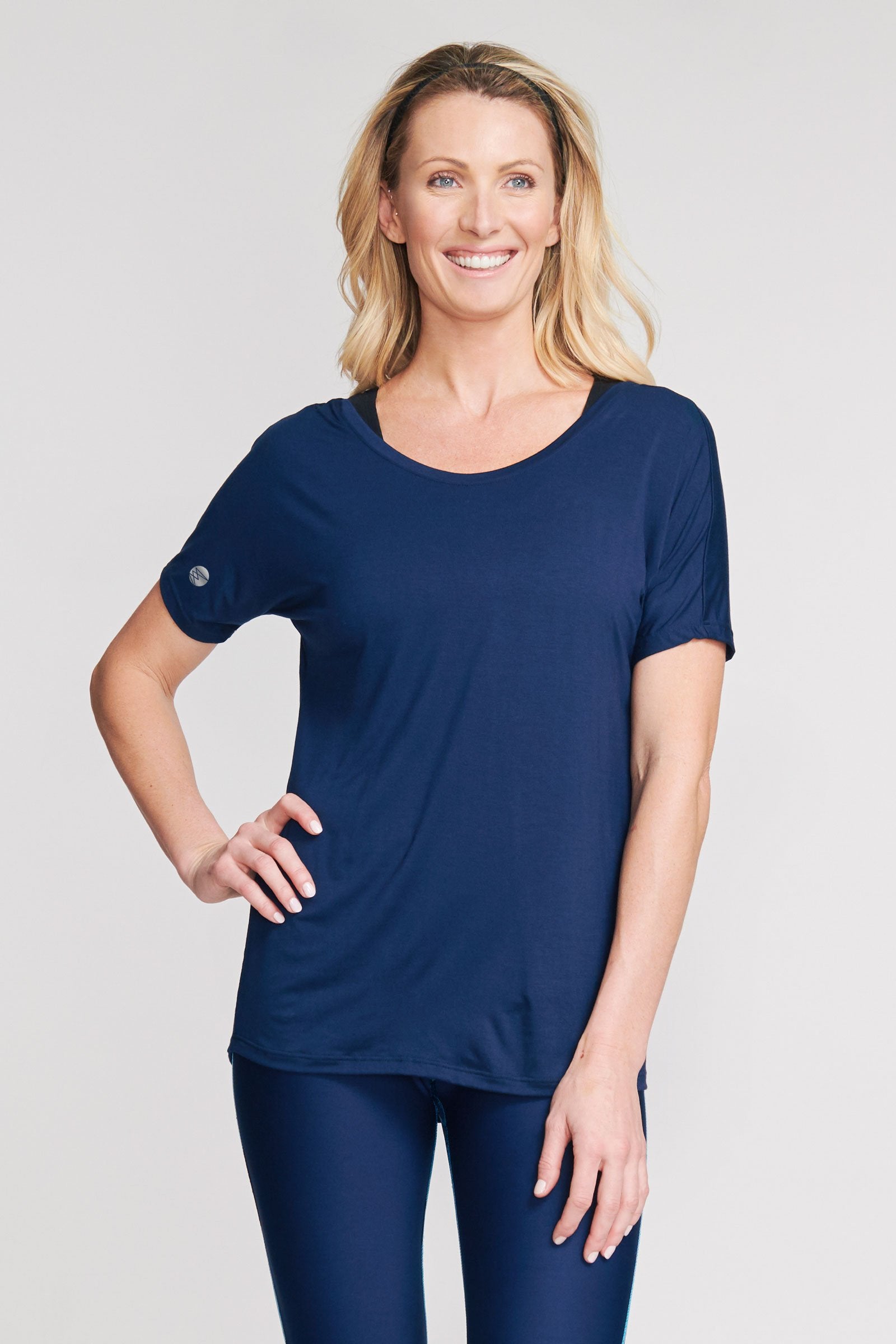 Ultra Soft Scoop Back Lattice Dolman Tee in Solid Navy - Comfortable Women's Casual T-Shirt for Everyday Wear, Lounge & Outfits