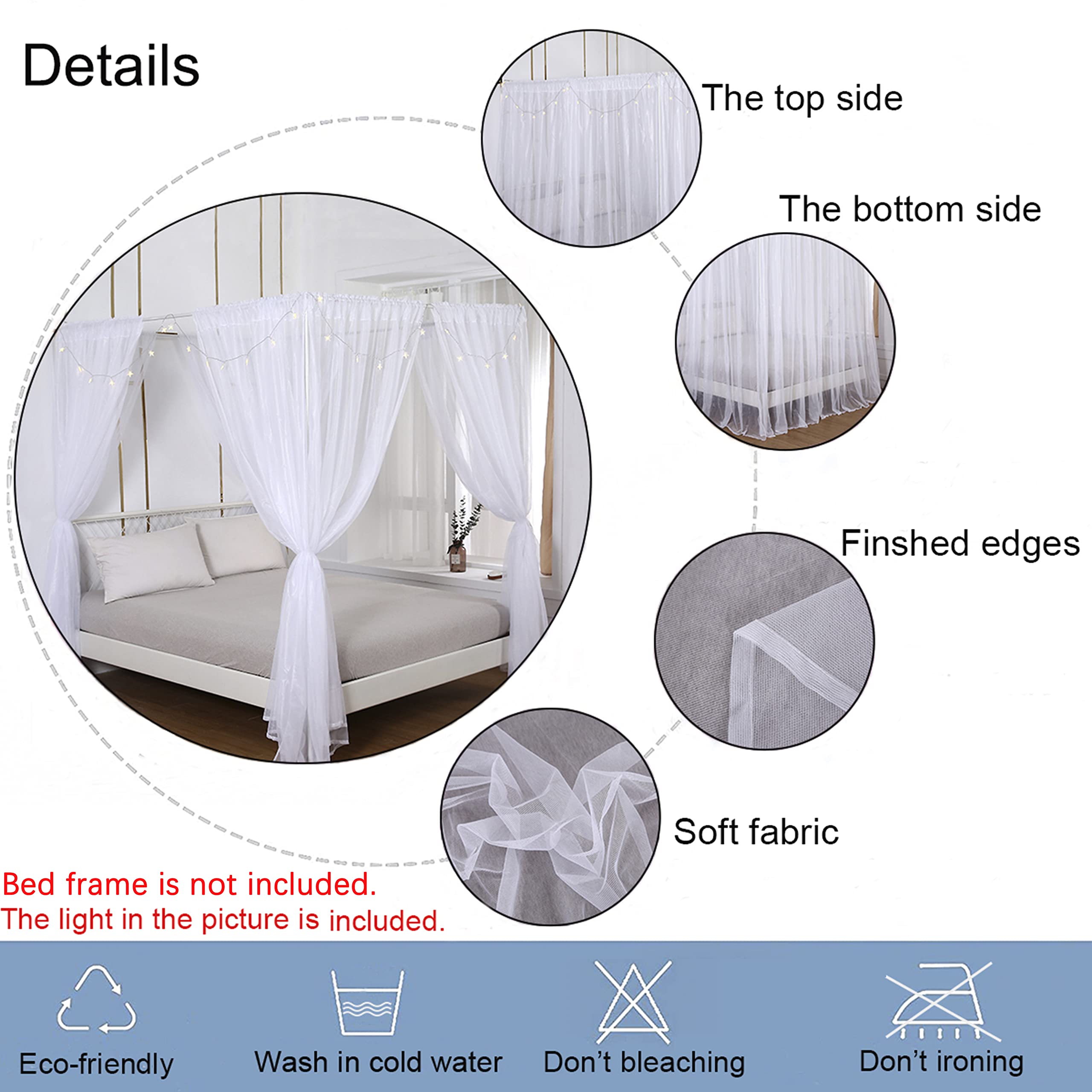 Princess Canopy Bed Curtains Set with Star Lights - Sheer Canopy for King Size Bed, 8 Panel Bed Canopy (White) - Perfect for Girls' Bedroom Decor, Fairy Tale Theme & Romantic Bedroom Makeover