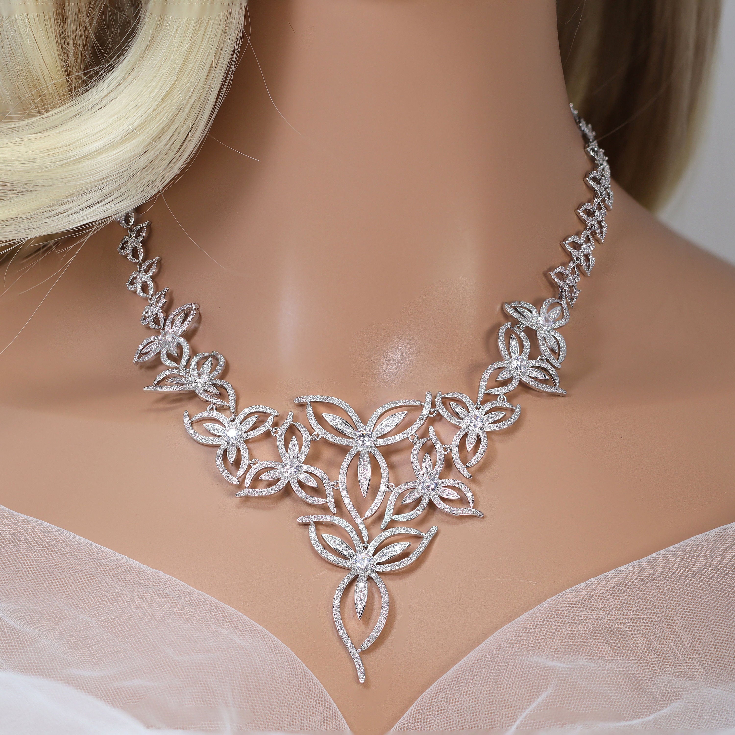 Swarovski Crystal Silver Floral Vine Necklace & Earrings Set - Elegant Bridal Jewelry for Weddings, Parties & Special Occasions | Long Statement Necklace with CZ Stones