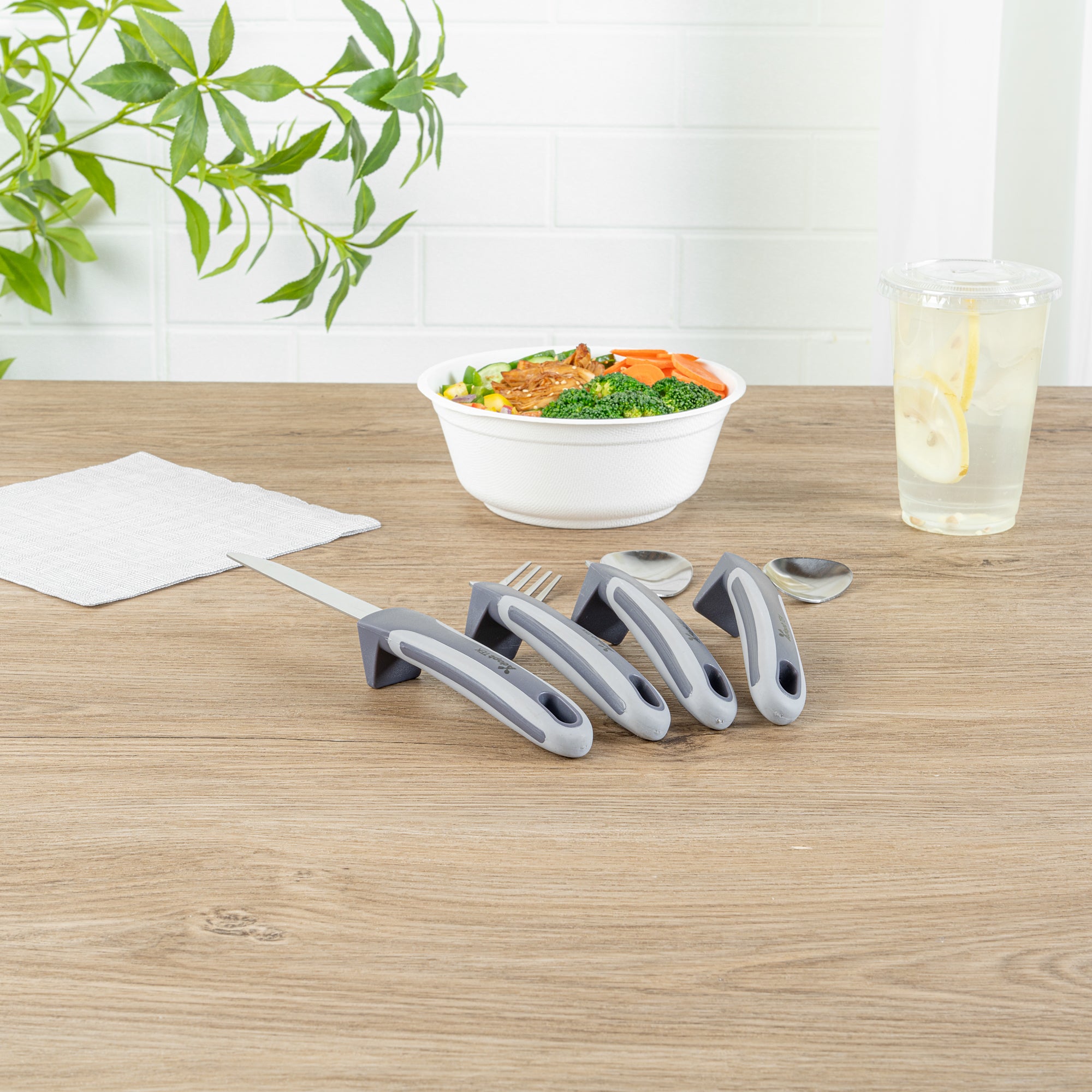 Adapt Tek Gray Stainless Steel 4-Piece Adaptive Offset Utensil Set for Left-Handed Users - Lightweight, Non-Slip Grip - Perfect for Arthritis & Limited Mobility - 1 Count Box - Ideal for Cooking, Dining & Assisted Living