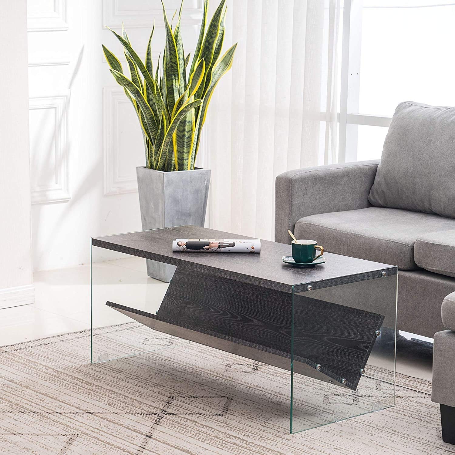 Unknown1 Glass Coffee Table with Storage Shelf - Wood Look Accent Furniture for Living Room - Grey Farmhouse Industrial Style Rectangle Cocktail Table - Perfect for Small Spaces & Modern Home Decor
