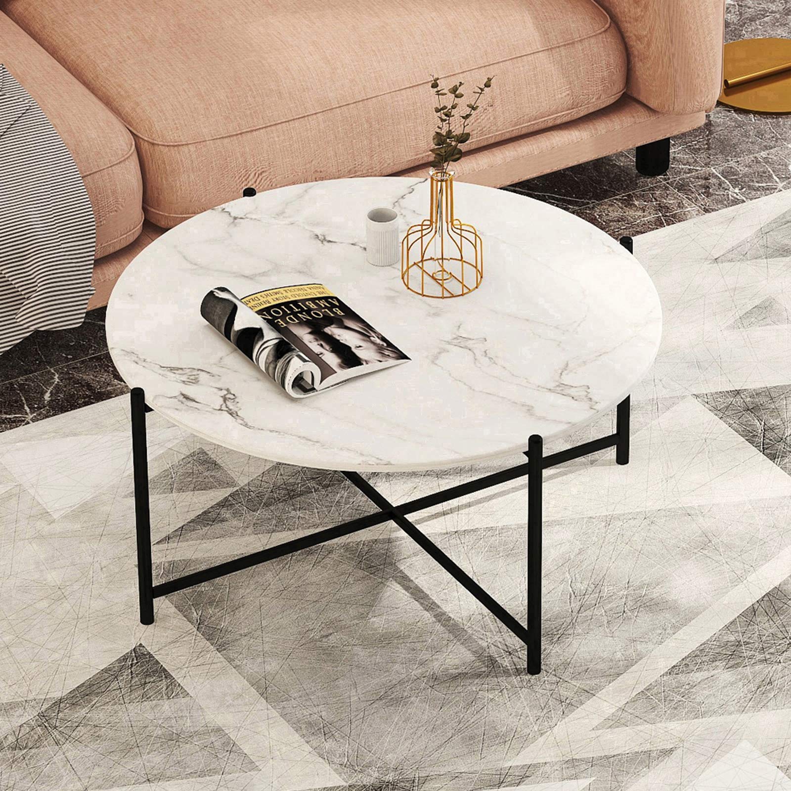 Modern Round Coffee Table with Sturdy Metal Frame - White Minimalist Living Room Table for Small Spaces - Perfect for Sofa Sets, Lounge Areas & Home Decor