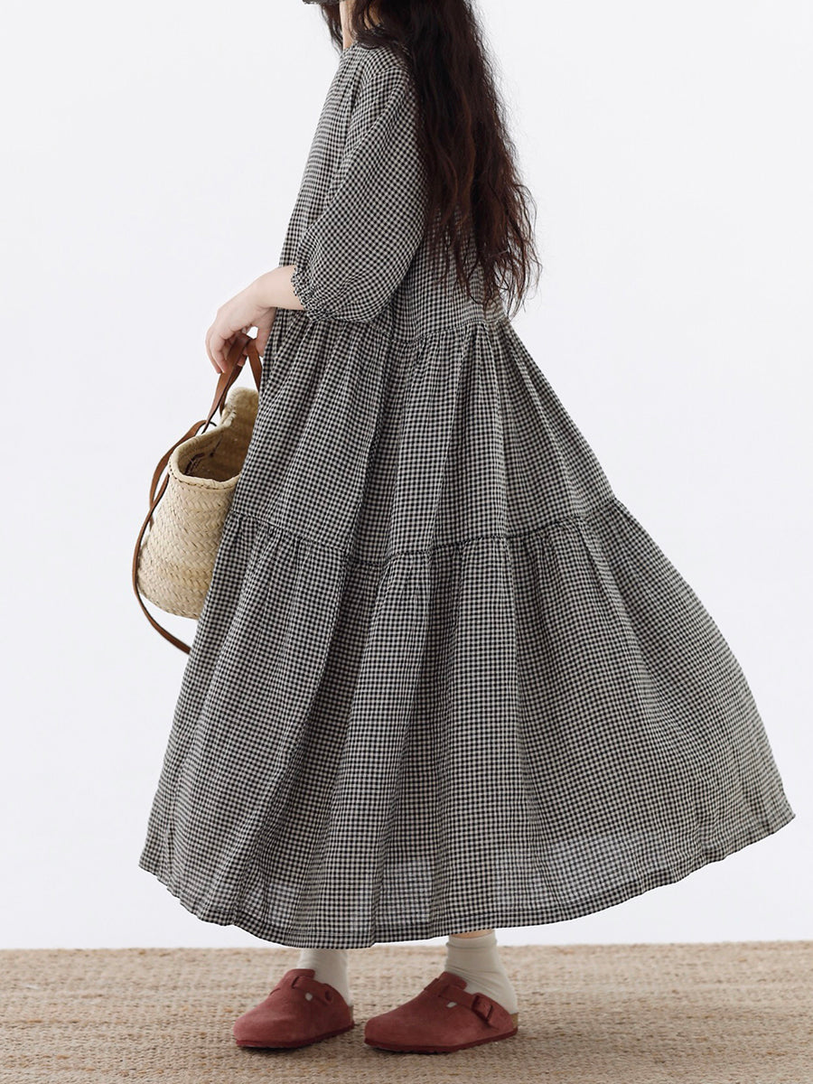 Plus Size Women's Artsy Plaid Spliced 100% Cotton Tiered Dress - Casual Summer Maxi Dress for Beach, Vacation & Everyday Wear